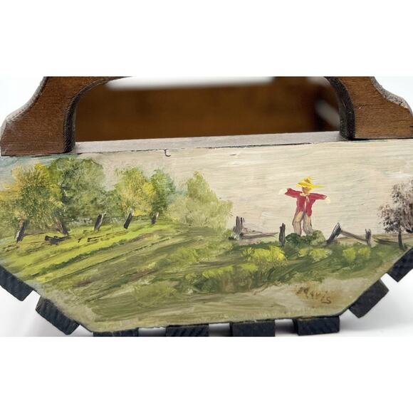 Vintage Wooden Slat Basket w/ Handles Hand Painted Outdoor Farm Scene Dark Wood - Picture 10 of 10